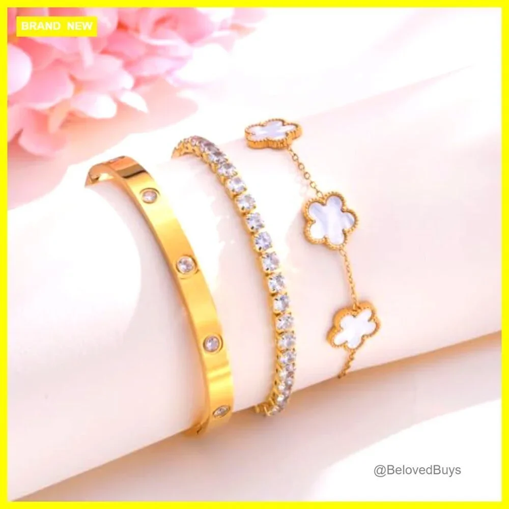 Stackable Gold Plated Bracelets Set - 3Pcs Stainless Steel Bangle